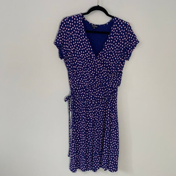 Lands' End blut polkadot tie waist knee length stretchy short sleeve dres - Picture 1 of 8